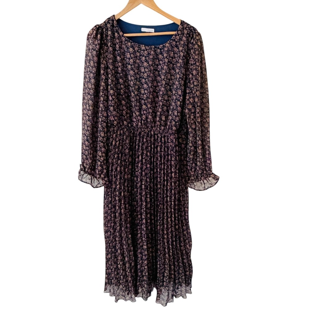 Baltic Born Floral Chiffon Midi Dress XL Blue Brown Pleated Long Sleeve Boho